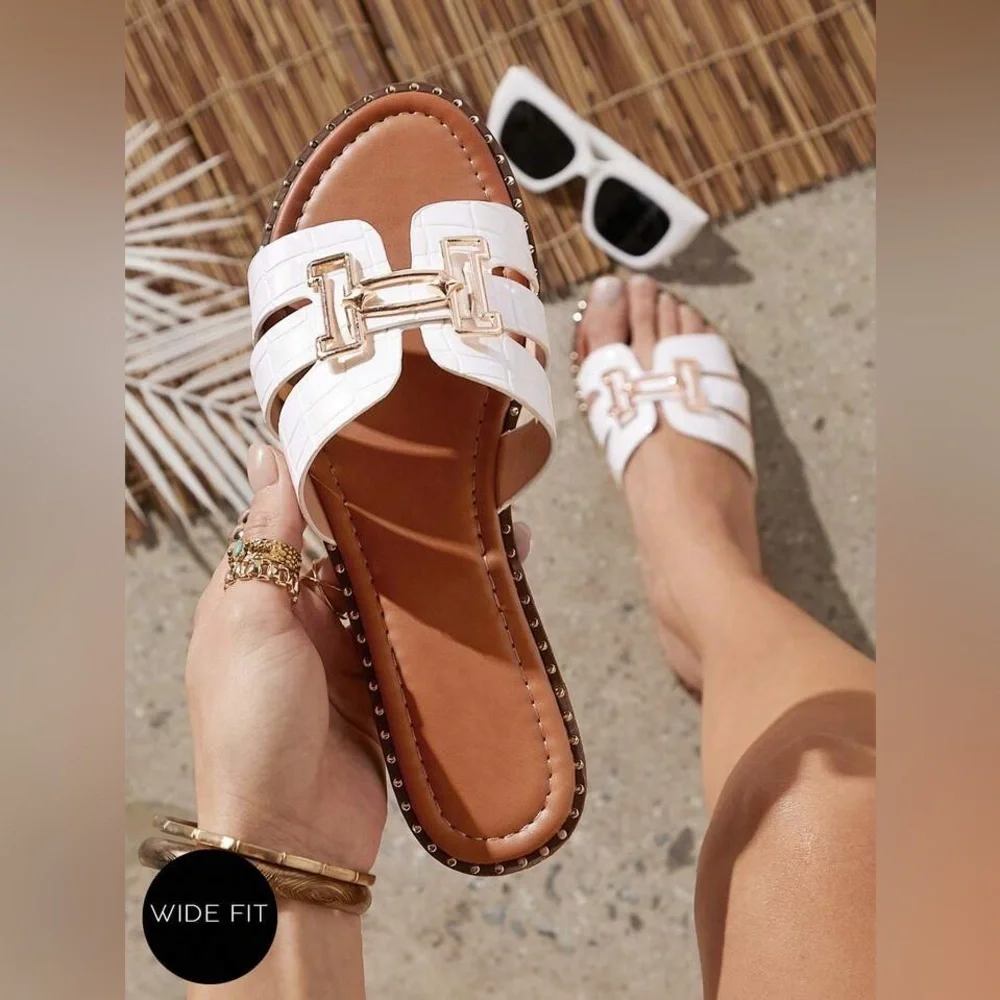 Shein Wide Fit H-Shaped Open Toe White Slip On Sandals With Gold Embellishments